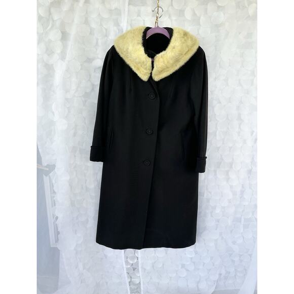 Vintage 50s 60s Long Black Coat 100% Wool Fur Mod Deb Hollywood Glam Retro - Picture 1 of 13